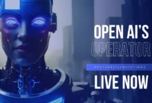 AI-powered robot with glowing eyes representing OpenAI's Operator, featuring text 'Open AI's Operator Live Now'