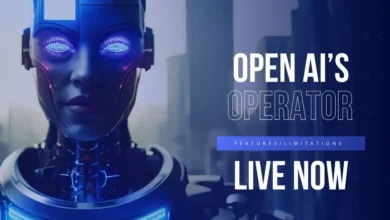 AI-powered robot with glowing eyes representing OpenAI's Operator, featuring text 'Open AI's Operator Live Now'