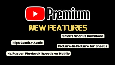 YouTube Premium logo with text highlighting new features: High-Quality Audio, Smart Shorts Download, Picture-in-Picture for Shorts, and 4x Faster Playback Speeds on Mobile