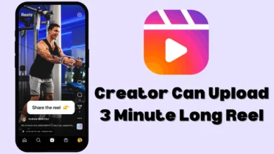 A smartphone screen showing an Instagram reel featuring a fitness creator working out in a gym, alongside a colorful Instagram Reels logo. Text on the image reads, "Creator Can Upload 3 Minute Long Reel.