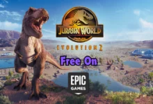 A dinosaur coming toward screen with epic games logo