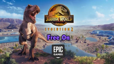 A dinosaur coming toward screen with epic games logo